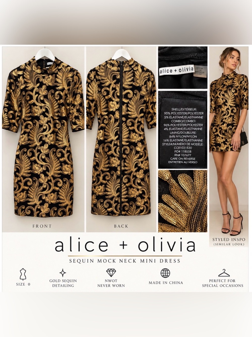 Alice + Olivia Black Mini Dress with Gold Sequin Baroque Embroidery